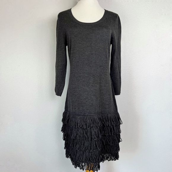 Calvin Klein Dark Grey Fringe 3/4 Sleeve Scoop-neck Bodycon Sweater Dress - Picture 4 of 11